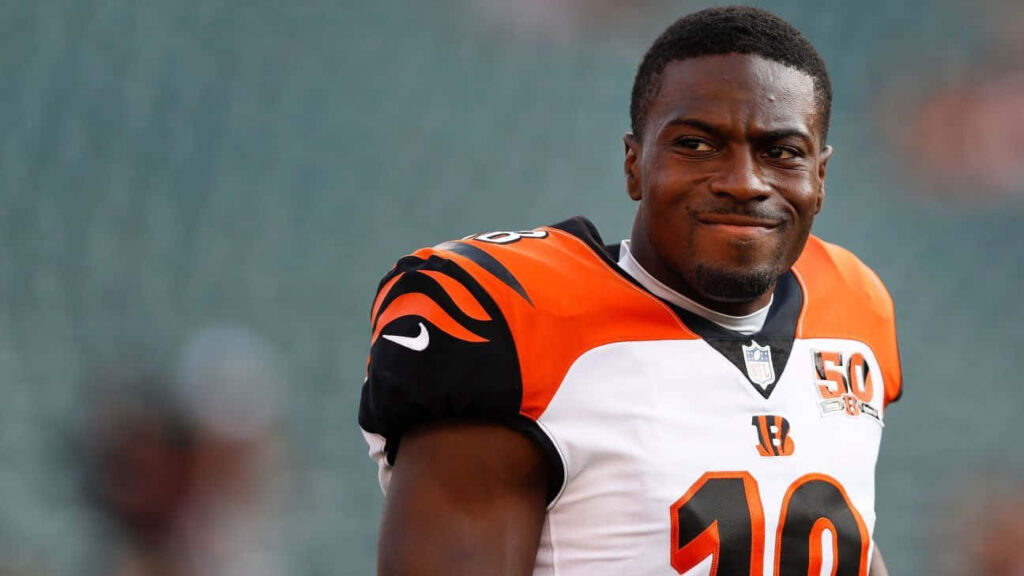 A.J. Green in Cincinnati Bengals uniform standing confidently vivid football wallpaper background