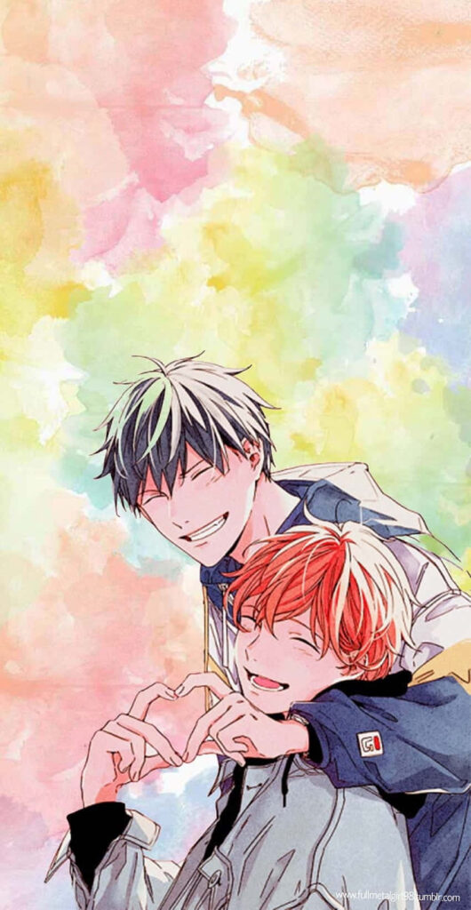 Vibrant Anime Wallpaper: Mafuyu Satou and Ritsuka Uenoyama Embrace in a Colorful Aesthetic Setting