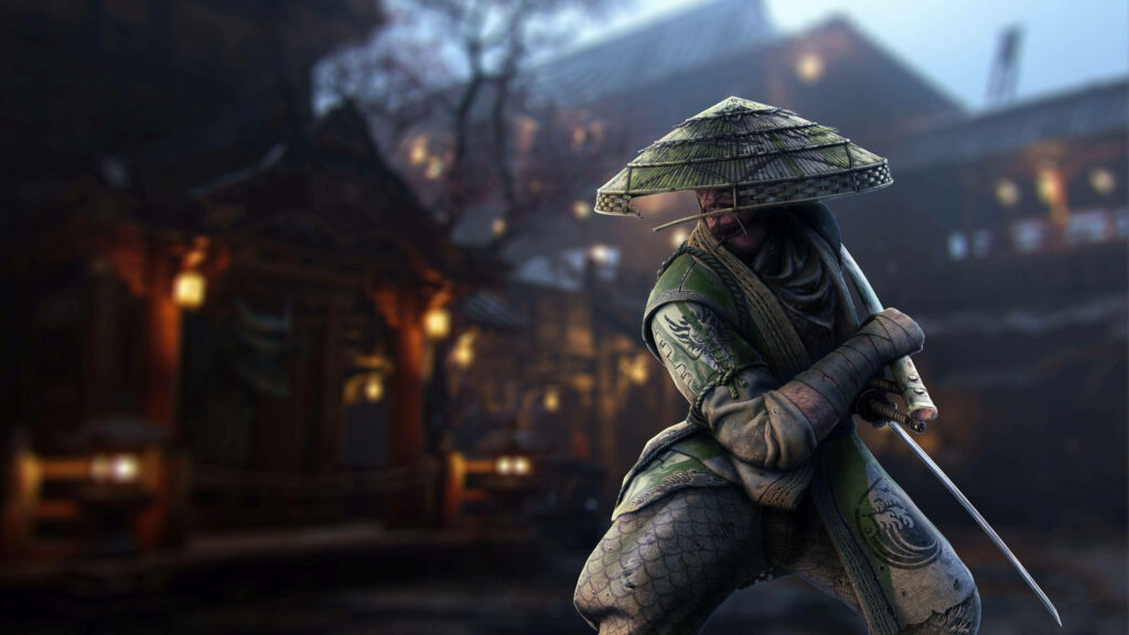 Sword-wielding Aramusha warrior strikes a pose at a temple in For Honor Wallpaper