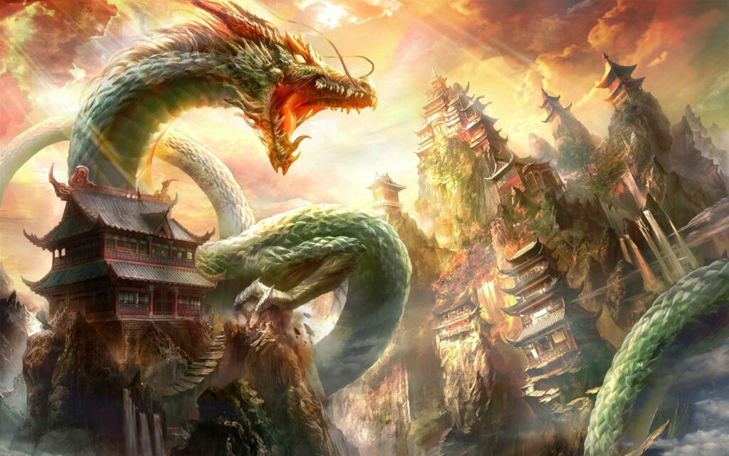 Proud Chinese Dragon Surrounded by Majestic Pagodas in a Vibrant Community Wallpaper