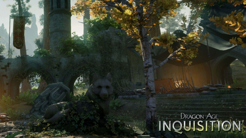 Heroes Unleashed: Captivating Portrait amidst the Fierce Wolf Statue in Ancient Castle Ruins of HD Dragon Age Inquisition Wallpaper