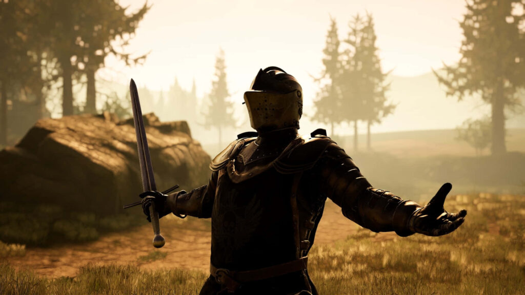 Medieval knight in Mordhau wallpaper stands ready in forest clearing - atmospheric game background