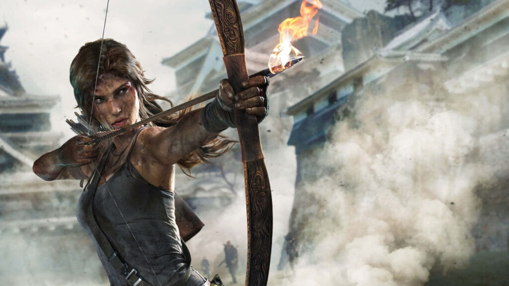 Fiery Lara Unleashes Her Bow and Arrow in Majestic Temple Setting: Rise of the Tomb Raider-Inspired Landscape Wallpaper