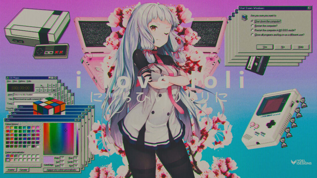 Synthetic Sirens: Vaporwave Anime Art featuring Kantai Collection and Electronic Aesthetics Wallpaper