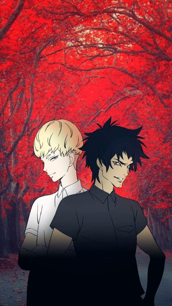 Inferno Blossoms: Ephemeral Encounter between Akira Fudo and Ryo Asuka in Devilman Crybaby's Fiery Landscape Wallpaper