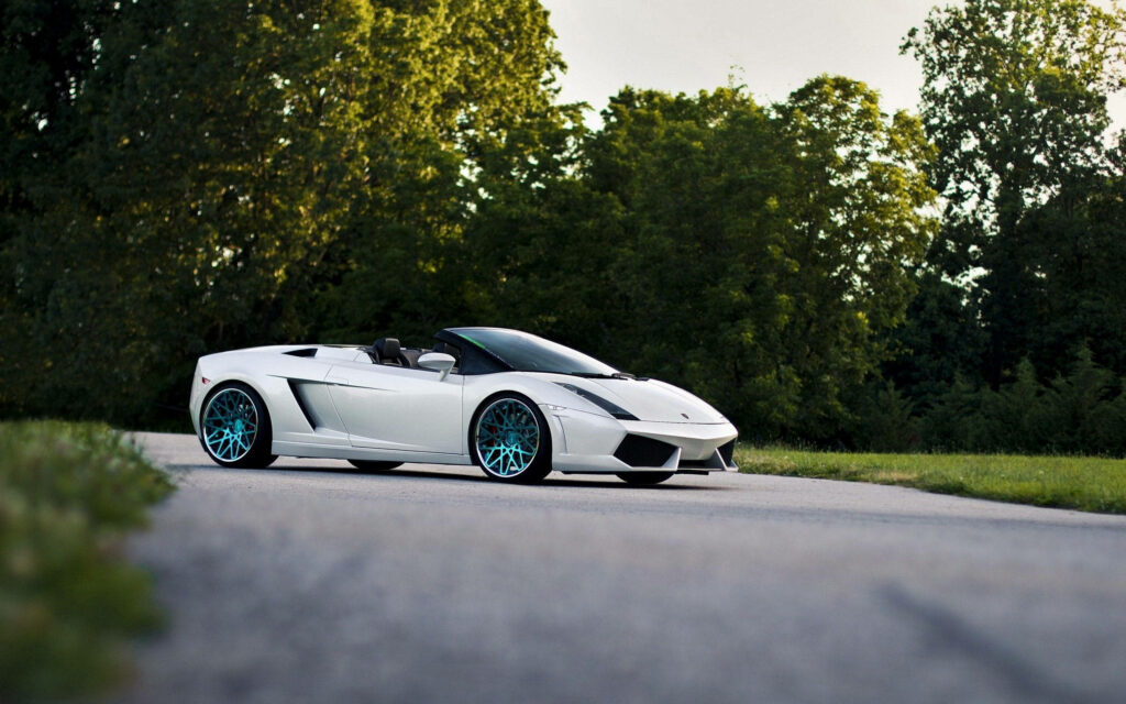 Luxury on Wheels: Capturing the Lamborghini Gallardo Spyder Convertible as it Cruises Amidst a Serene Forest Canopy Wallpaper