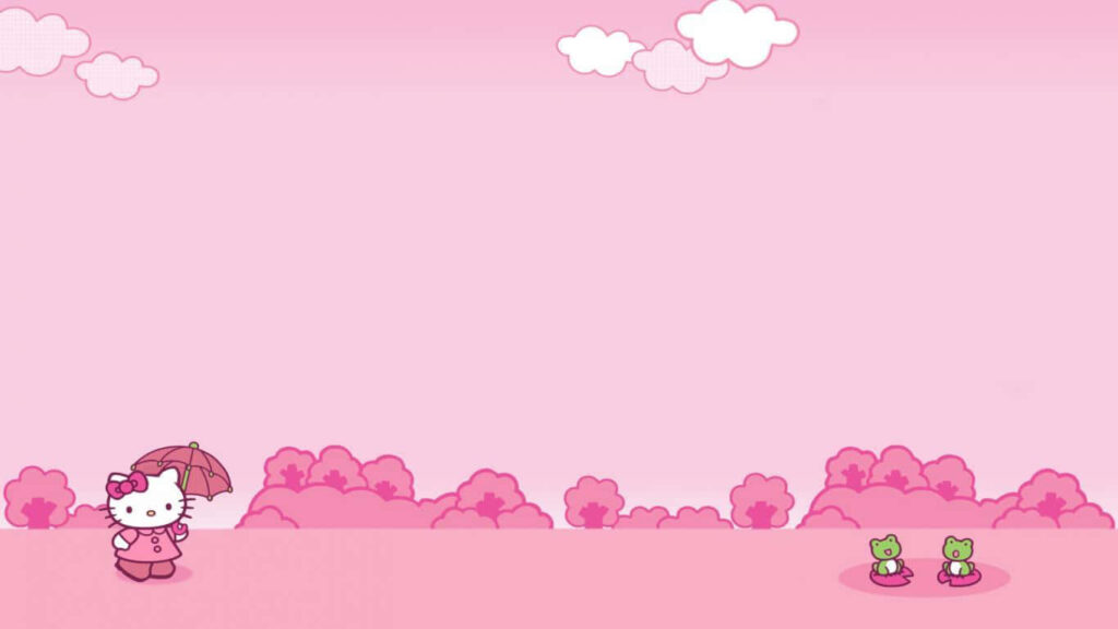 Whimsical Encounter: Hello Kitty's Pink Umbrella Adventure in Frogland Wallpaper