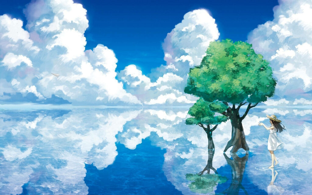 The Serene Beauty: Captivating Blue Anime Scenery with Lush Greenery and Purple-Tinted Tranquility Wallpaper