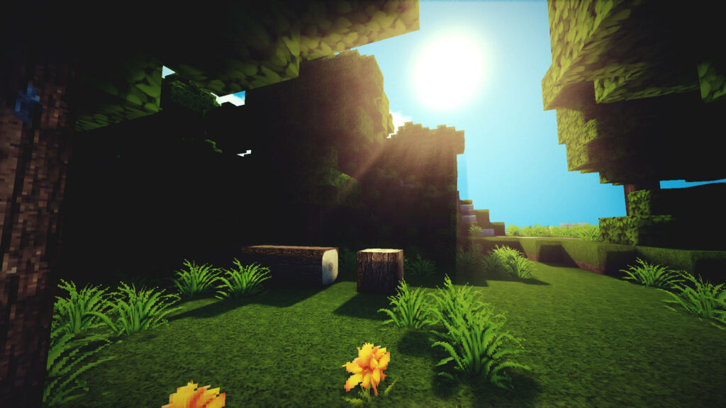 Enchanting Woods: A Captivating Minecraft Landscape Illuminated by Sunlight Wallpaper