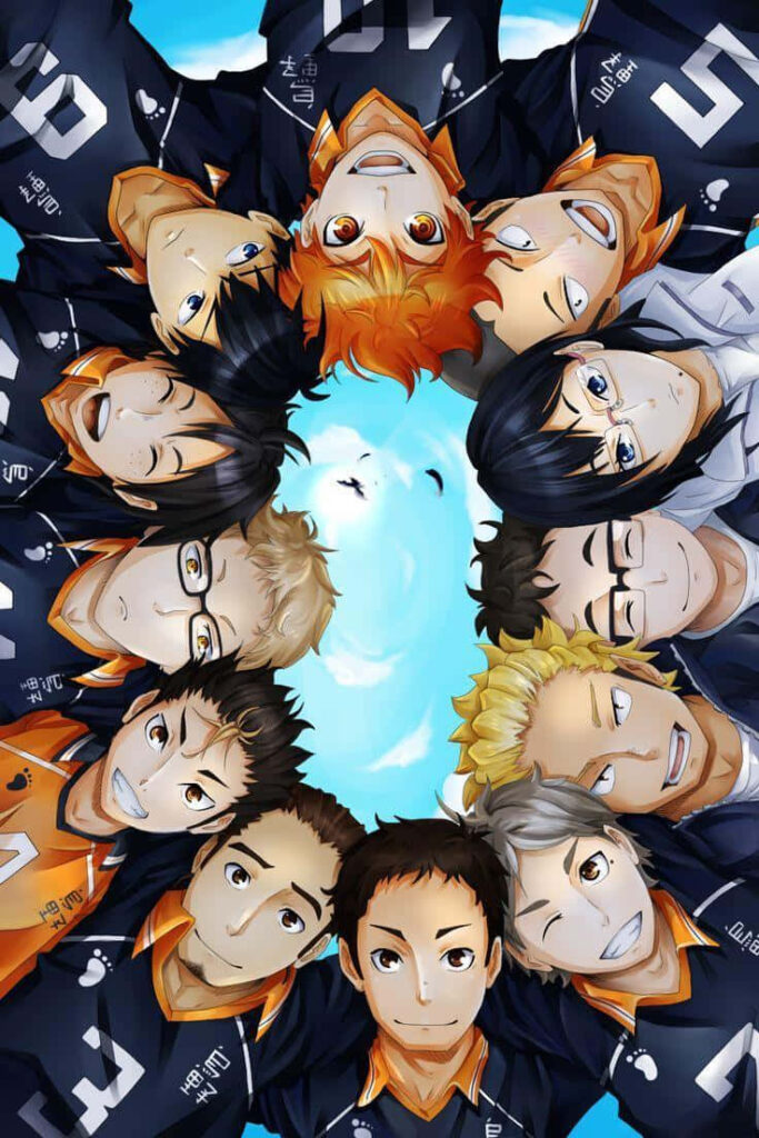 Unbreakable Bonds: The Haikyuu Anime Team Embraces Unity and Joy in Nature's Embrace Wallpaper