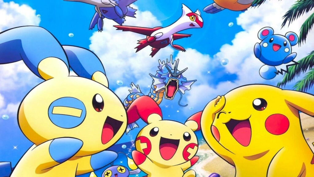 A Pokémon Summer Vacation: Pikachu, Minun, Plusle, Azurill, Gyarados, Latias, and Latios Embark on a Sea Adventure! Wallpaper