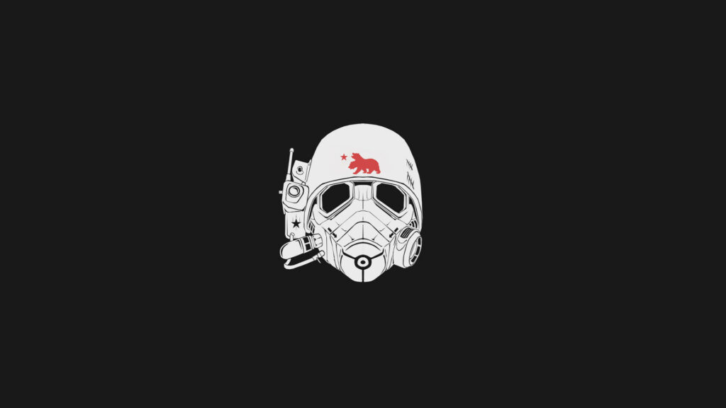 Ranger's Reign: A Sleek Fallout Tribute with White Helmet Artistry and Red Yao Guai Emblem on Darkened Canvas Wallpaper