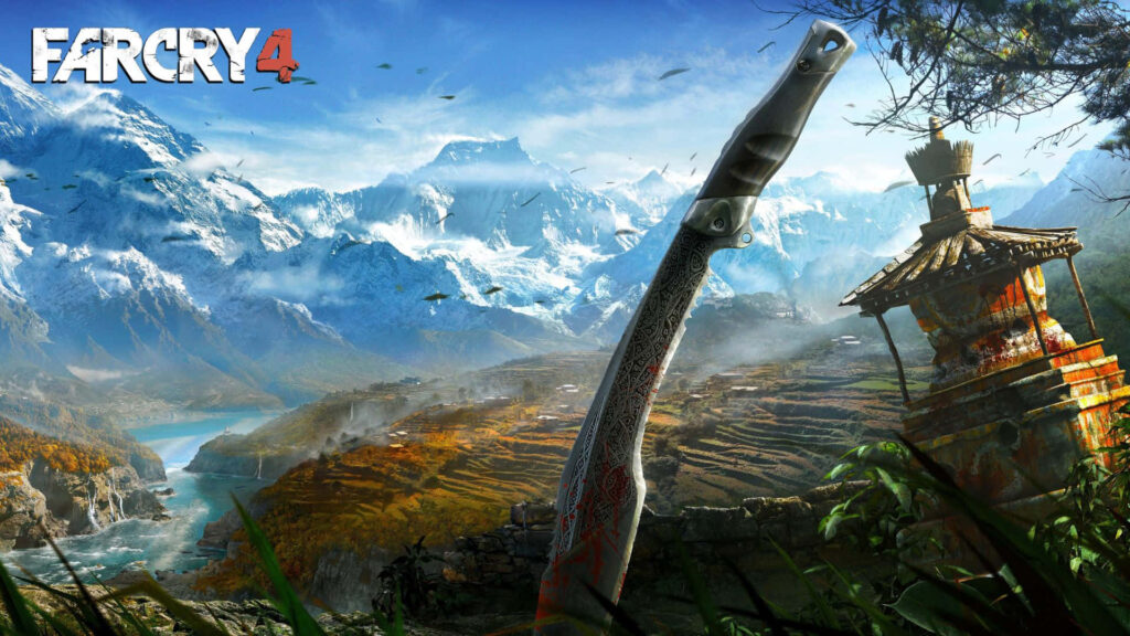 Scenic Far Cry 4 Wallpaper with Kukri Knife in Himalayan Setting