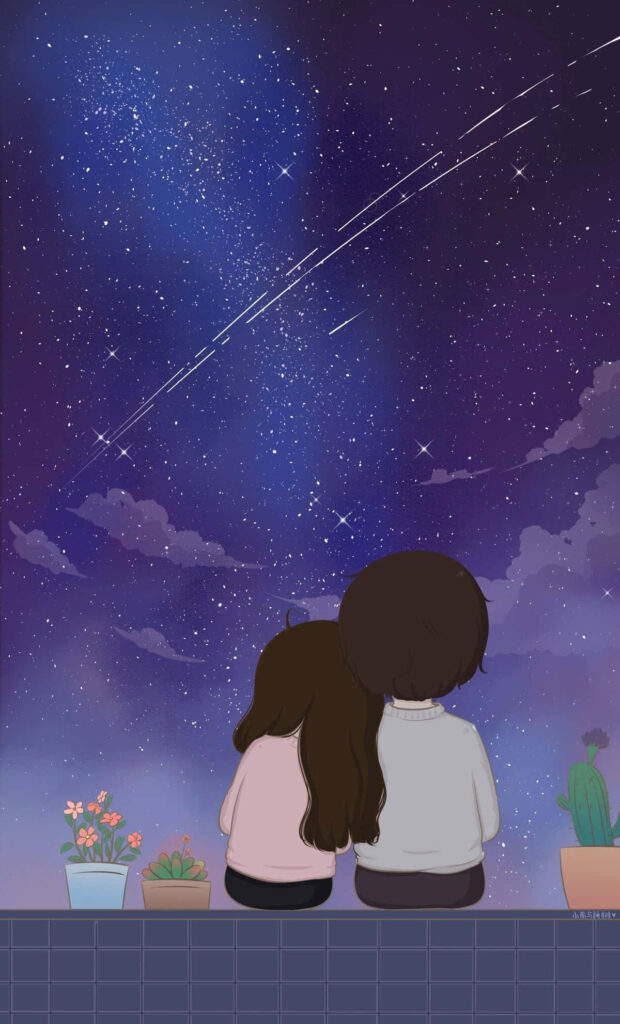 Romantic Night Sky Stargazing with Adorable Anime Couple Wallpaper