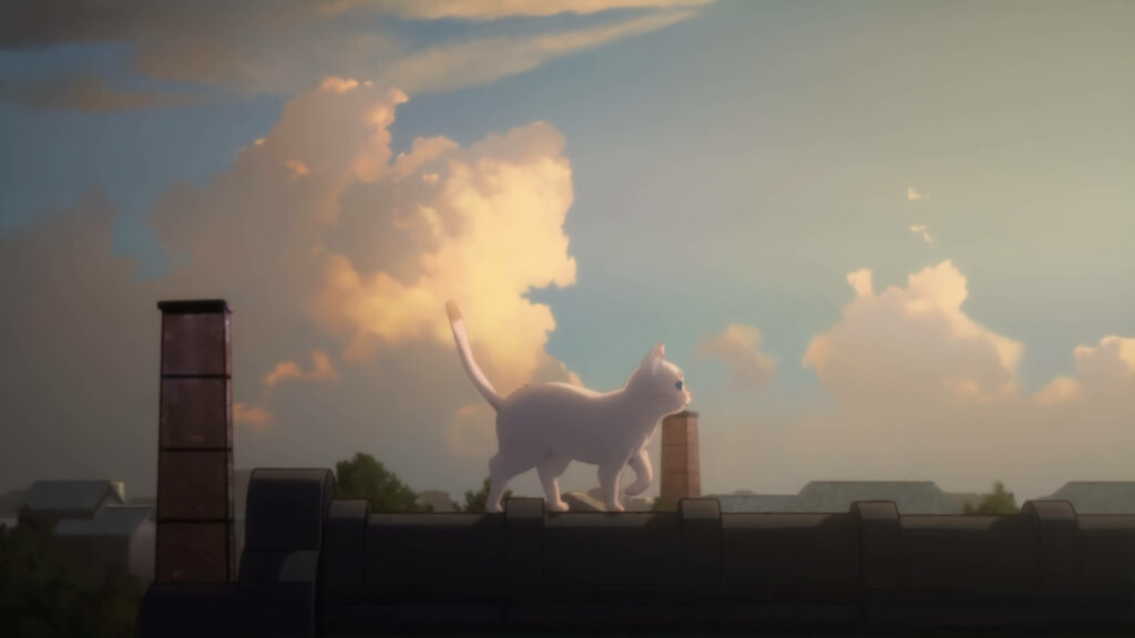 Whisker Away Taro walking gracefully on rooftop with evening sky and soft clouds background Wallpaper