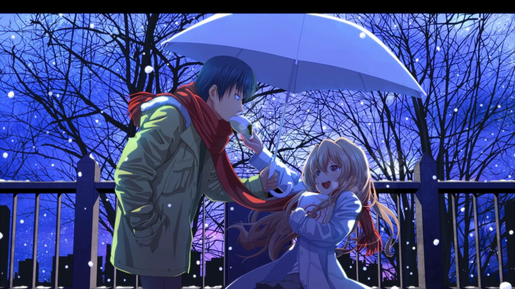 Winter Romance: A Whimsical Anime Duo Enjoying a Stroll Under a Shared Umbrella, Exchanging Warmth and Affection in the Magical Forest Wallpaper