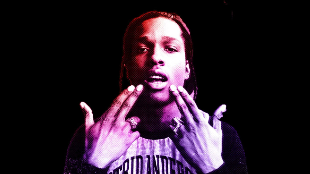 A$AP Rocky posing with hand signs vibrant wallpaper dark bold background hip hop style