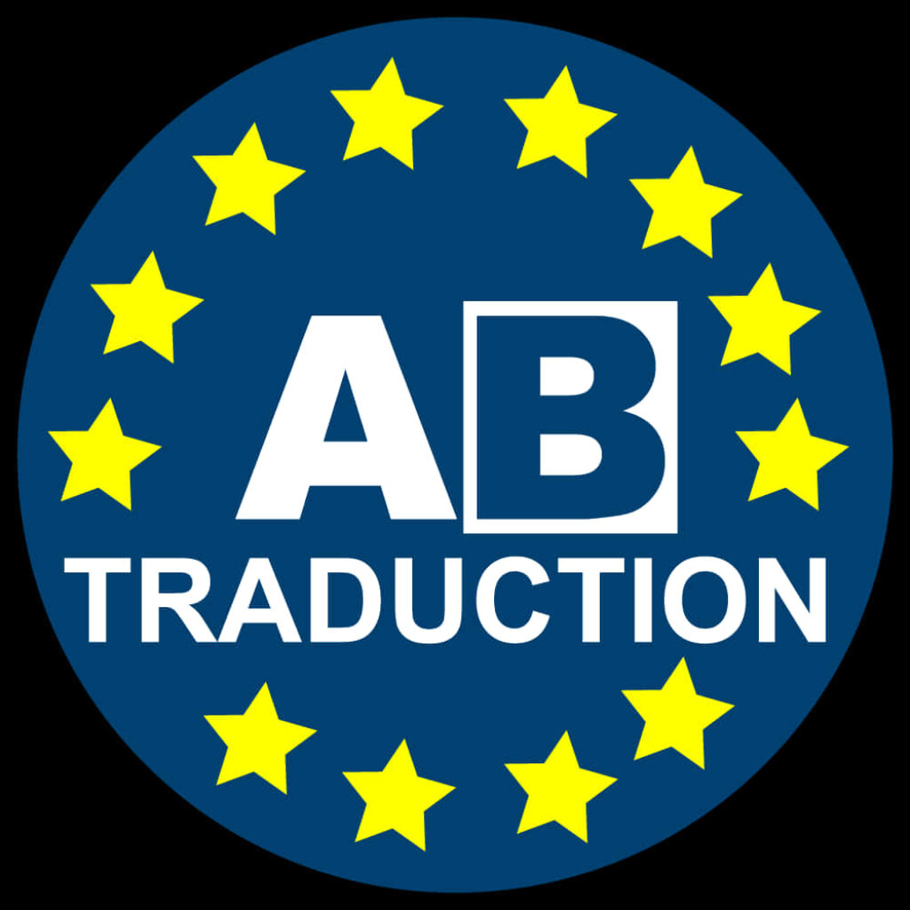 Blue EU emblem with yellow stars and bold white AB TRADUCTION text translation theme wallpaper