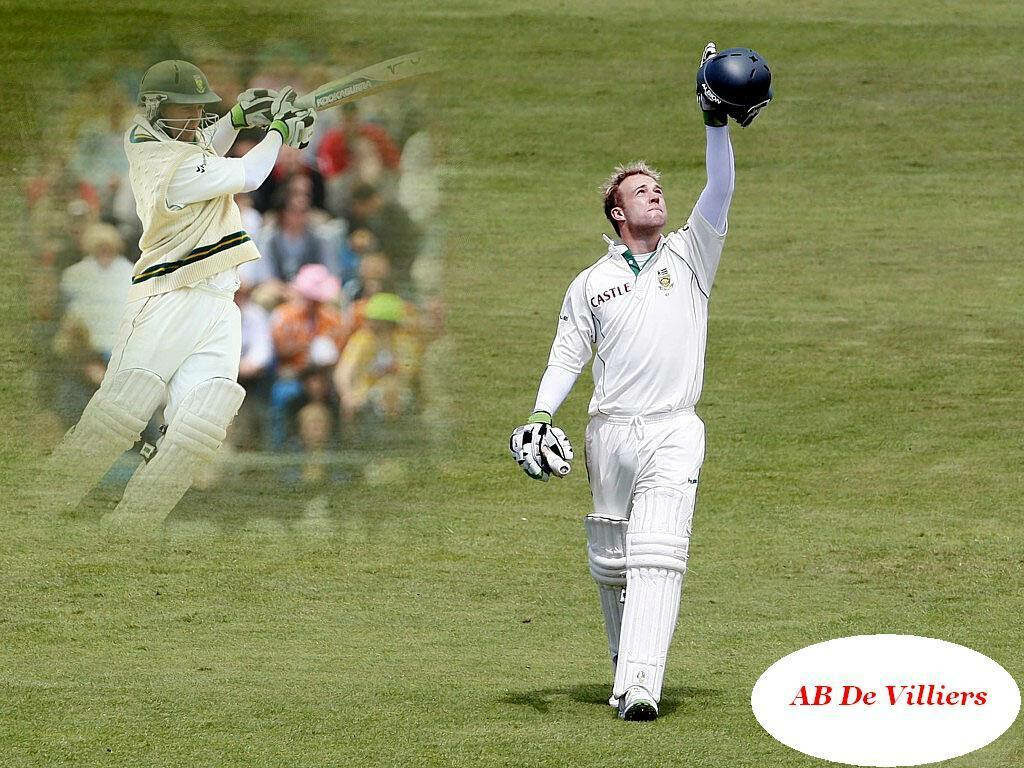 AB de Villiers celebrating on cricket field with dynamic batting moment wallpaper background