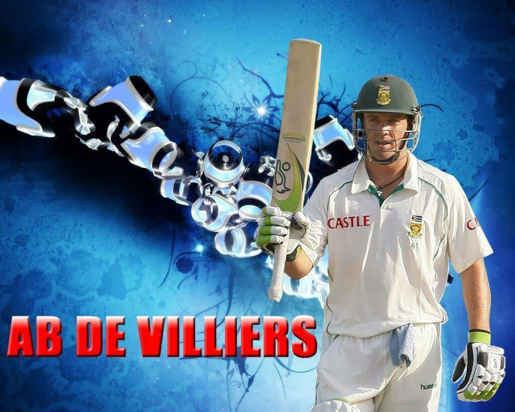 AB de Villiers in cricket gear holding bat on abstract blue background dynamic energetic wallpaper