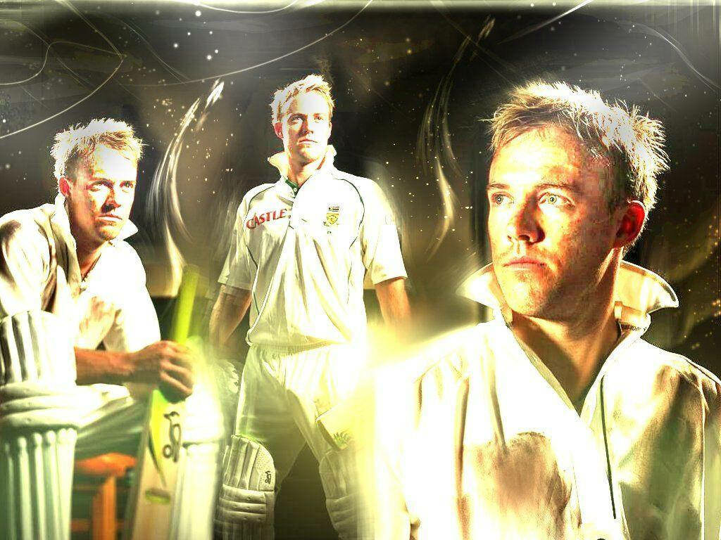 AB de Villiers dynamic cricket poses white uniform radiant background legendary player wallpaper