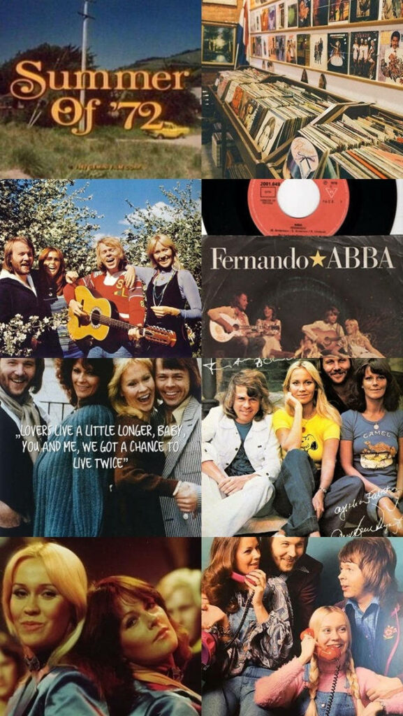 Vibrant ABBA 70s collage wallpaper with vintage photos album covers and iconic band moments
