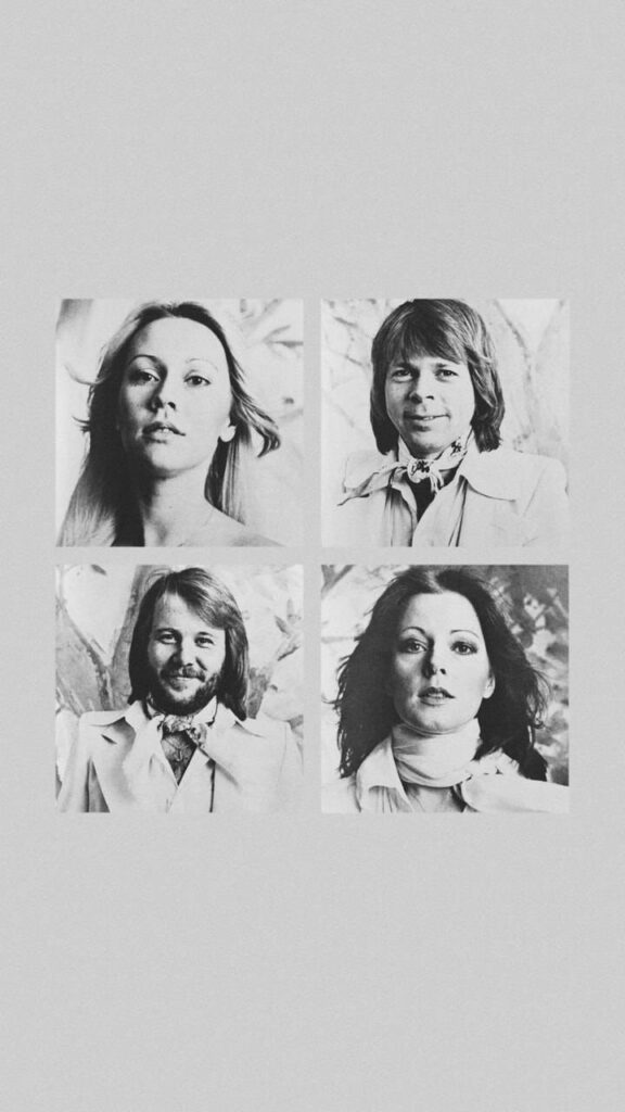 Greyscale ABBA portrait wallpaper featuring iconic band members classic style music fan background