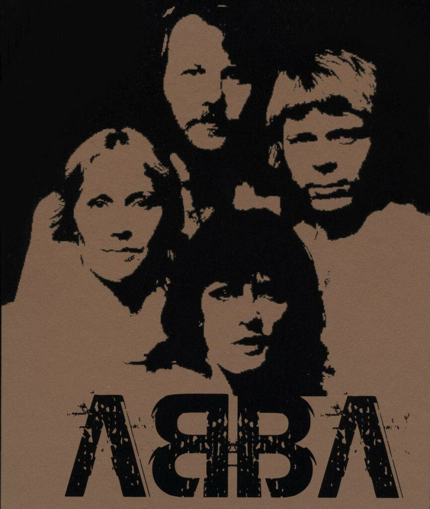 High contrast artistic wallpaper of iconic ABBA band members faces in bold dramatic style