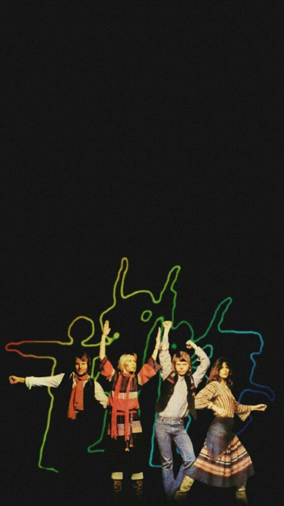 ABBA digital line art wallpaper with colorful neon outlines highlighting iconic pop group vibe