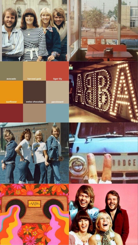 ABBA aesthetic collage wallpaper with vibrant retro visuals iconic photos and vintage music theme