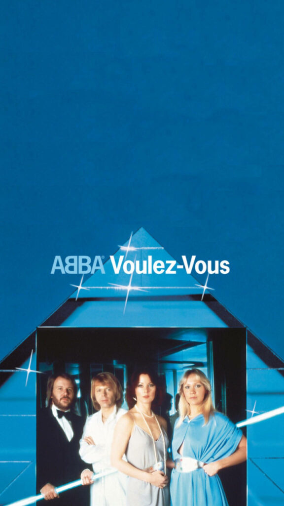 ABBA Voulez-Vous album cover with band in stylish outfits on bold blue geometric wallpaper background