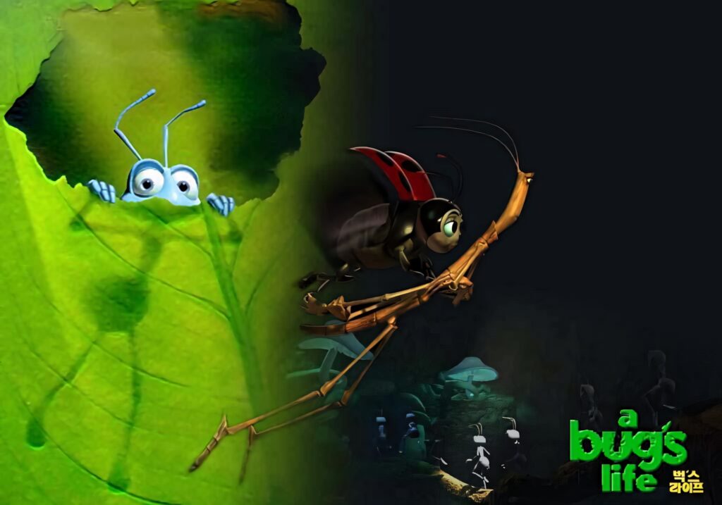 ABugs Life poster with Flik peeking through leaf and Hopper grasshopper villain in dramatic scene Wallpaper