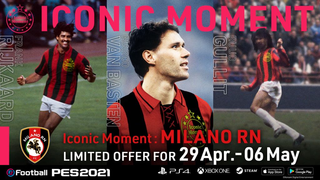 eFootball PES 2021 wallpaper with AC Milan legends Rijkaard van Basten Gullit iconic moment