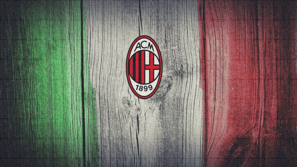 AC Milan logo on rustic wooden Italian flag background vibrant football club wallpaper