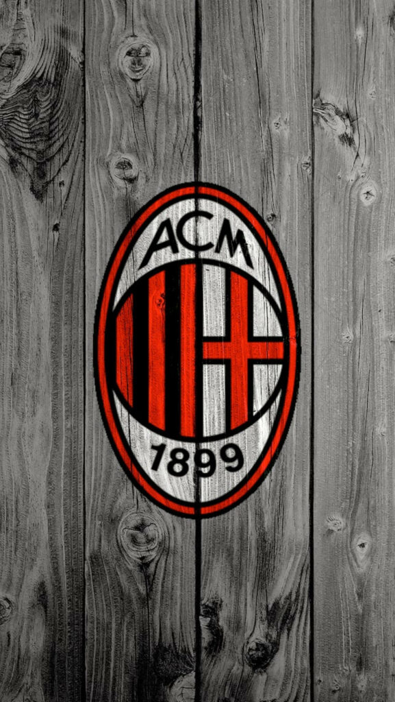 AC Milan logo on rustic wooden background with classic red black colors stylish wallpaper