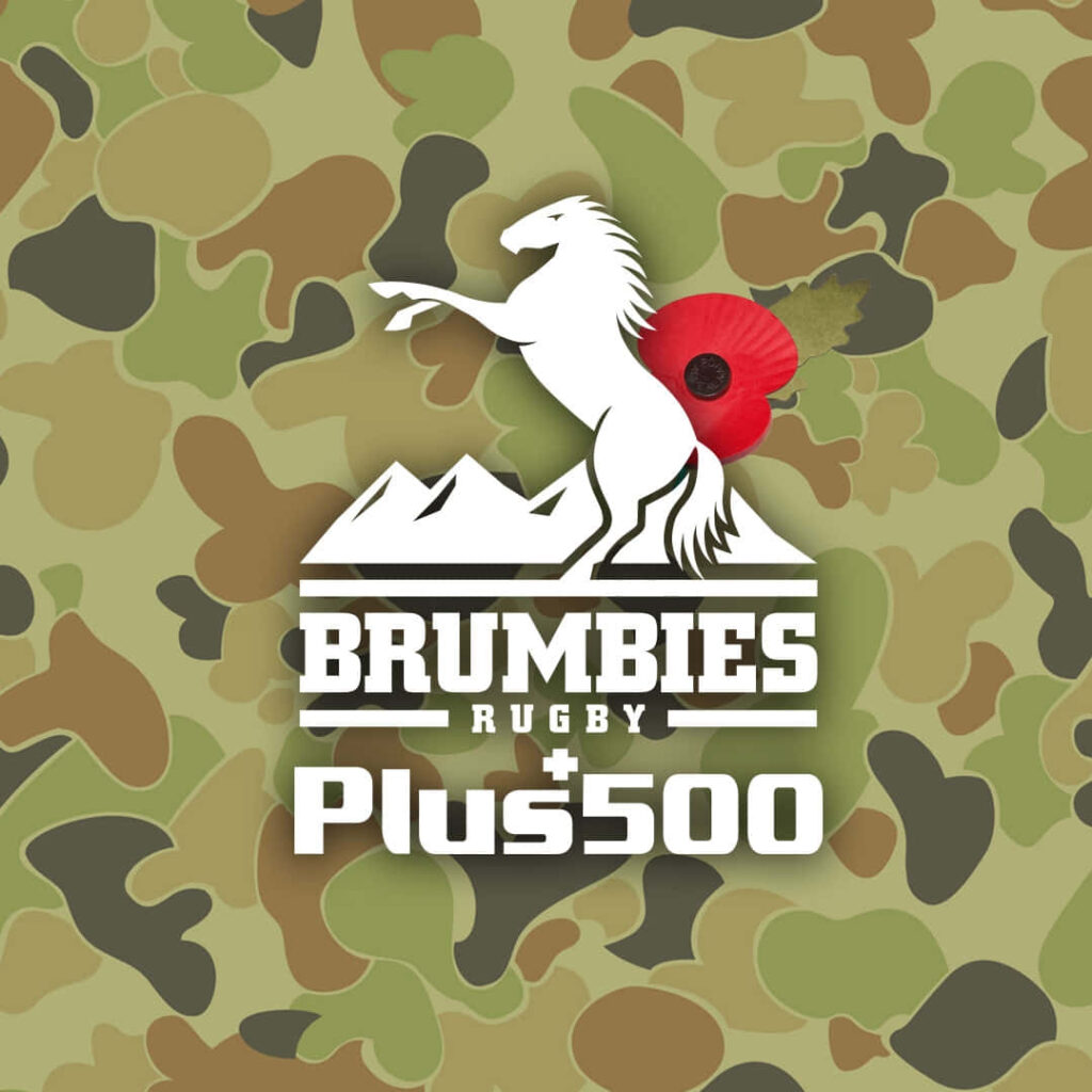 ACT Brumbies Rugby logo with rearing horse mountain silhouettes red poppy camouflage wallpaper