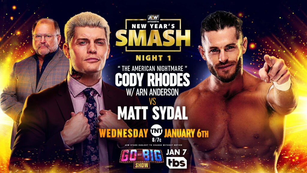 Arn Anderson coaching Cody Rhodes in gold purple AEW wallpaper highlighting intense rivalry