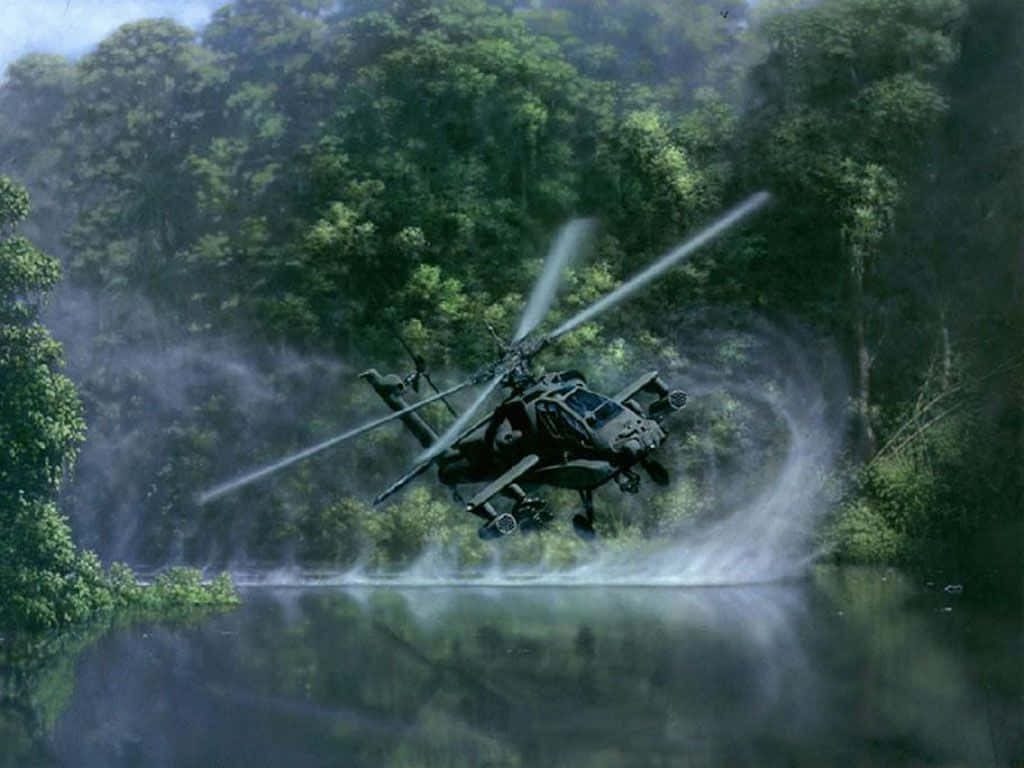 AH-64 Apache attack helicopter flies low over jungle river with dense forest background wallpaper