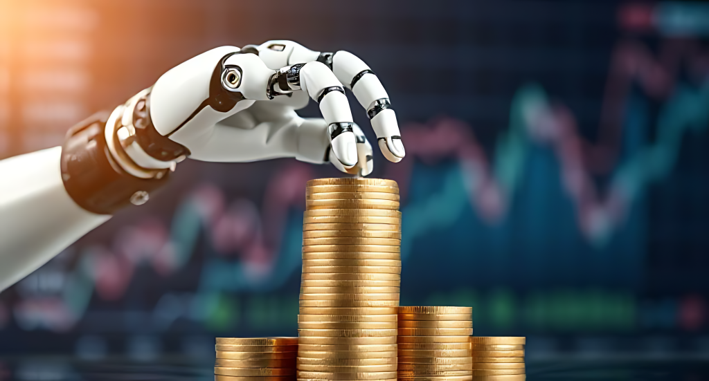 White robotic hand stacking gold coins over blurred blue stock market chart CGI wallpaper