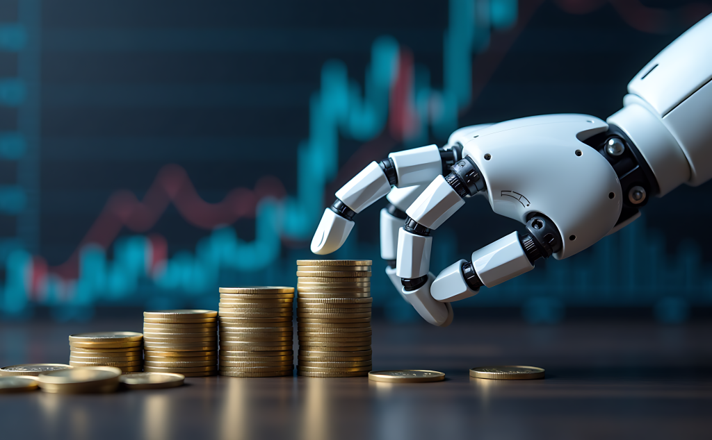 White robotic hand stacking gold coins with glowing digital finance chart background wallpaper