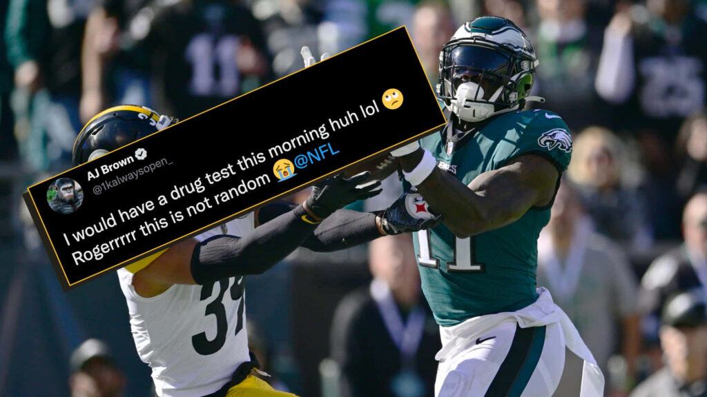 A J Brown catches NFL football with humorous drug test tweet overlay background wallpaper