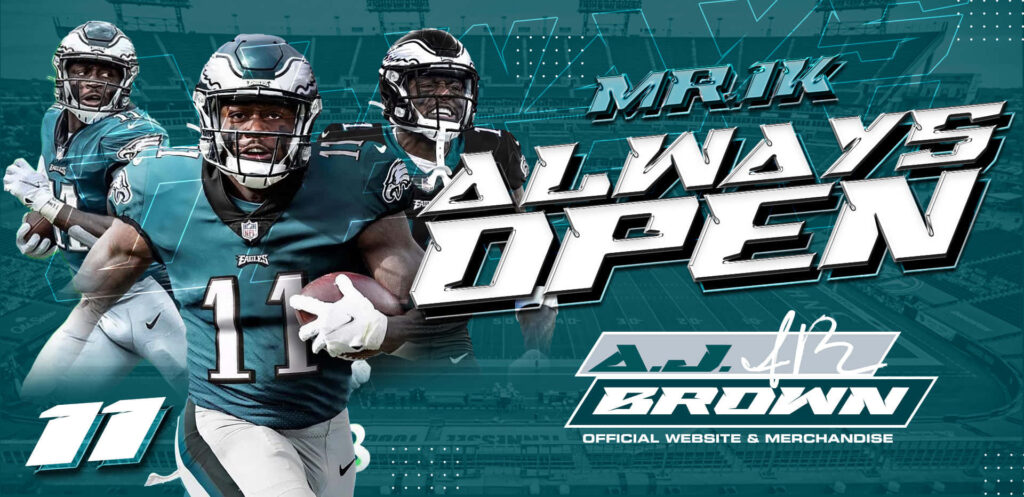 A J Brown Philadelphia Eagles in action Always Open banner showcasing athleticism and signature Wallpaper