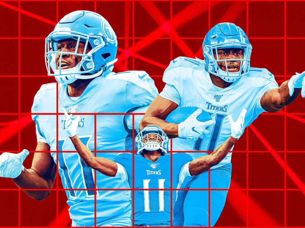 Dynamic A J Brown Tennessee Titans action wallpaper with bold red grid background design