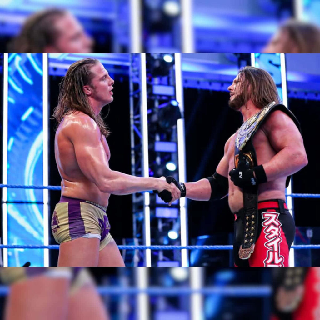 AJ Styles and Matt Riddle handshake in wrestling ring after intense Intercontinental Championship match Wallpaper