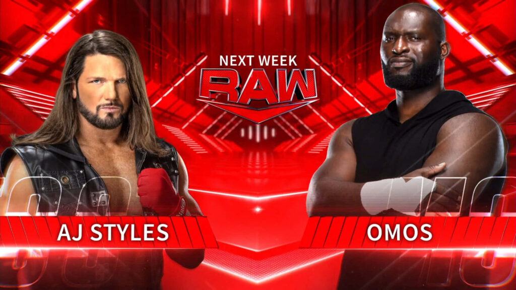AJ Styles and Omos Raw showdown wallpaper with bold red graphics and intense wrestling expressions