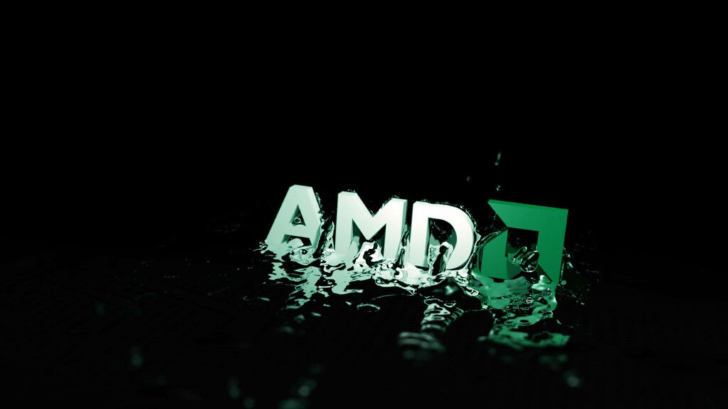 AMD logo rising from shimmering water on dark background modern dynamic wallpaper design