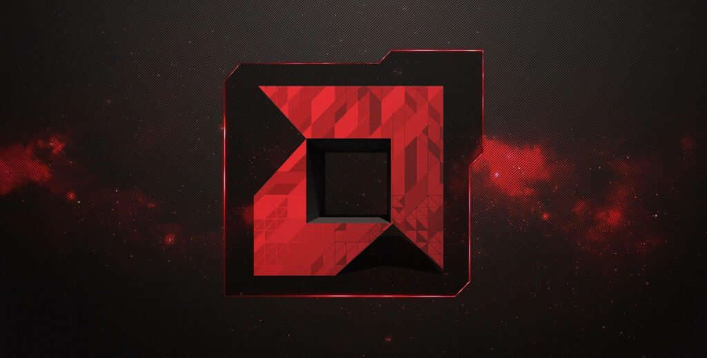 AMD logo geometric design on cosmic galaxy background red and black futuristic wallpaper