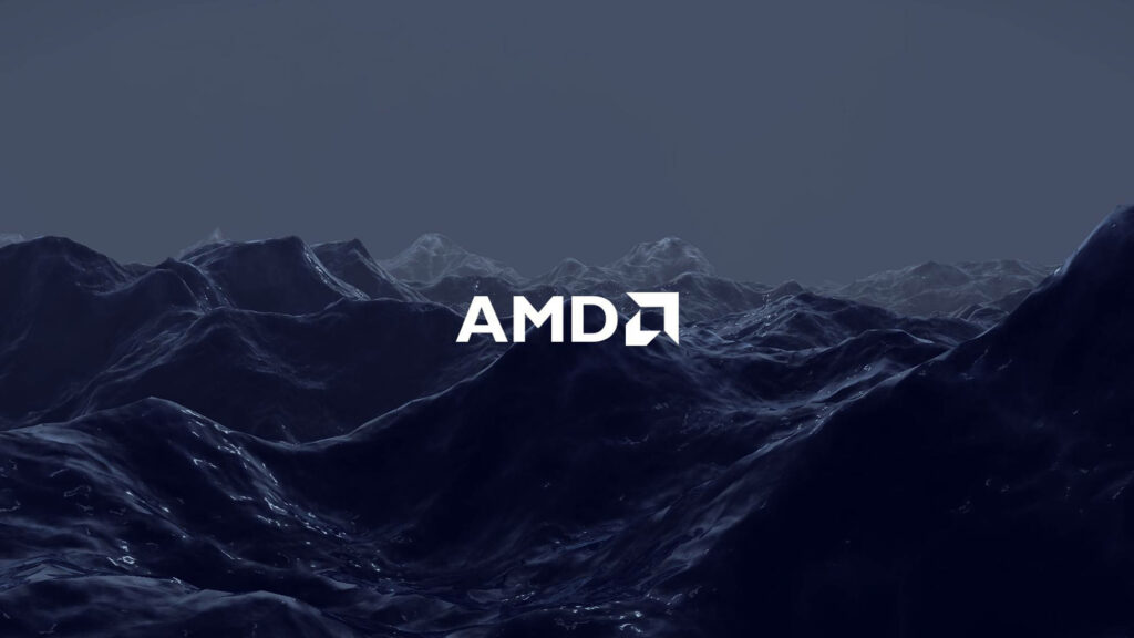 Bold AMD logo on dark wave effect background wallpaper symbolizing power and innovation