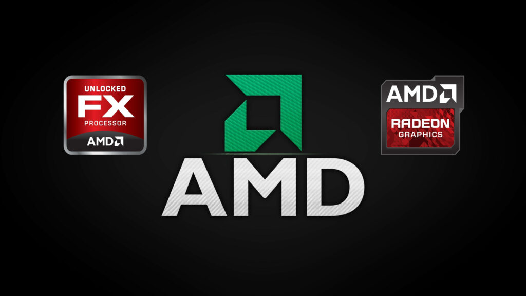 AMD logo with FX processor and Radeon graphics icons on sleek dark 4K wallpaper background