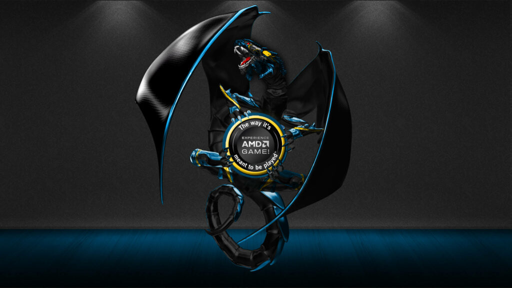 AMD logo with blue dragon and glowing reflections on dark fantasy tech wallpaper background